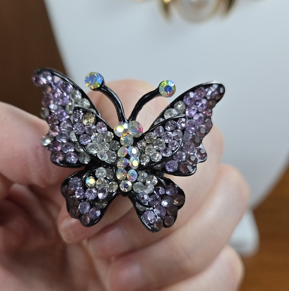 Purple Rhinestone Black Silver Tone Butterfly Ring Size 7 Adjustedble - Picture 7 of 17
